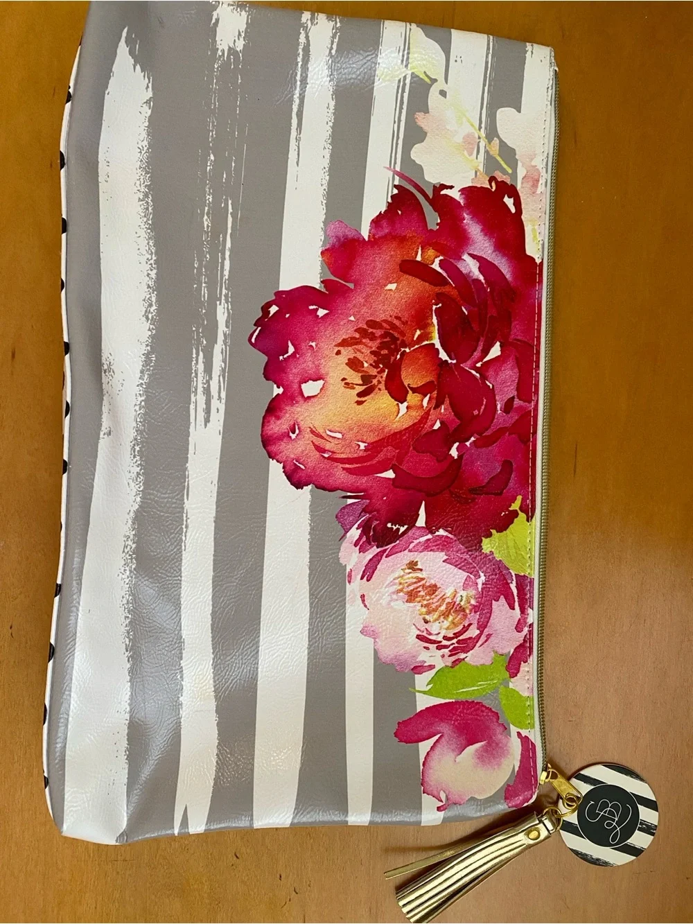 Striped Gray & Pink Floral Clutch with Gold Tassel